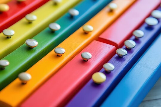 A cheerful children's music education group, colorful xylophones, singing, and a dynamic teacher fostering creativity