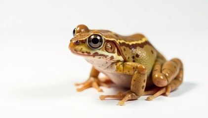 Fototapeta premium Single, speckled brown frog against white backdrop, reptile, wildlife, brown frog