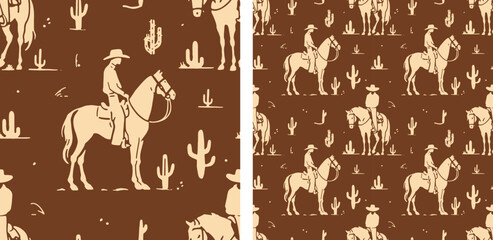 Vintage Western Cowboy Seamless Vector Pattern – Desert Horse Rider and Cactus Illustration