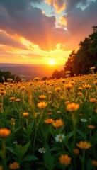 Fototapeta premium Sunset over vibrant meadow with golden sunlight casting a warm glow, countryside, horizon