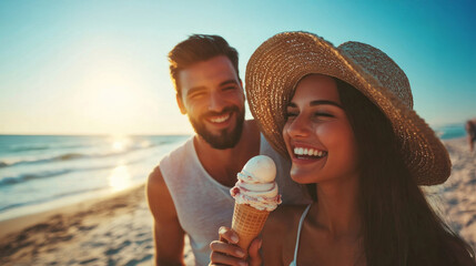 A couple smiles joyfully while sharing an ice cream cone on the beach. The golden sunlight reflects on the water, creating a picturesque moment filled with happiness and love.