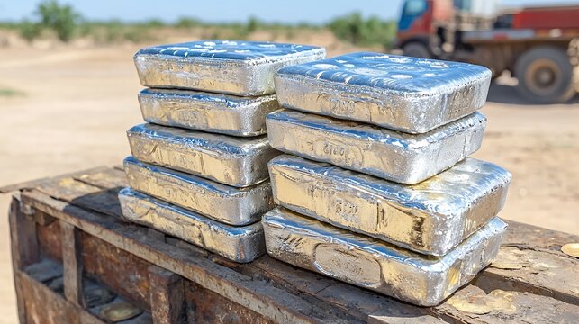 Stack Of Silver Bullion Bars Glimmering Under Bright Sunlight In Desert Location