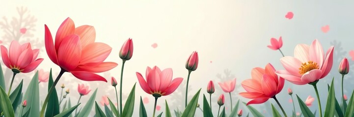 Fototapeta premium Spring flower illustration with vibrant colors, delicate petals, and fresh green stems, pattern, seasonal