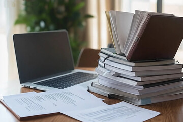 Exploring investment strategies through a stack of books and a laptop during a focused study session at home