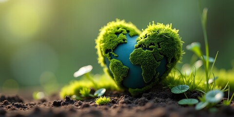 World Earth Day 2025 Heart Shaped Planet Placed on Green Meadow Concept