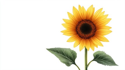 Obraz premium Beautiful Sunflower with Bright Yellow Petals and Green Leaves Isolated on White Background for Design Purposes