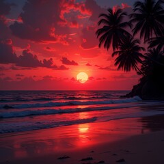 Fiery Tropical Sunset, Stunning red sunset over tropical beach with palm trees