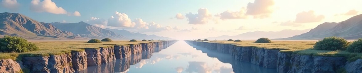 Surreal illustration of floating ground segments in inverted landscape with geometric composition and dreamlike viewpoint, surreal,  composition