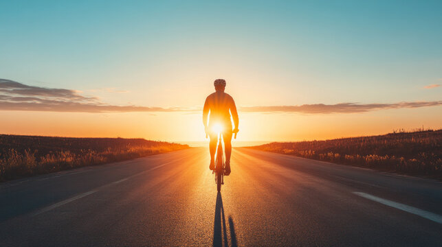 A lone cyclist pedals along a quiet coastal road at dawn, as the sun rises, casting a warm glow over the landscape and creating a serene atmosphere. - Powered by Adobe