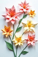 Fototapeta premium Spring-themed origami flowers in various colors delicately arranged on a clean white backdrop, with ample space for customizable content, craft, space
