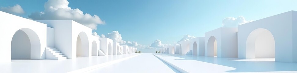 Fototapeta premium Surreal white architecture with geometric shapes, futuristic panoramic scene, abstract design, blue sky, clouds, fantastic, copy space