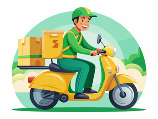 Young Delivery Driver on Scooter with Package Vector