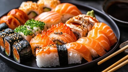 Delicious assortment of japanese sushi rolls and nigiri on a plate