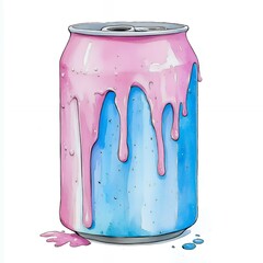 Pink and Blue Dripping Paint Soda Can Watercolor Illustration