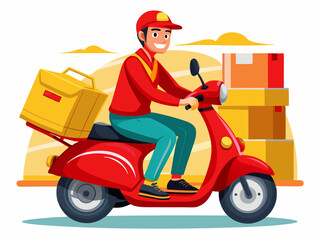 Young Delivery Driver on Scooter with Package Vector