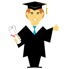 Man with graduation gown and cap holding diploma
