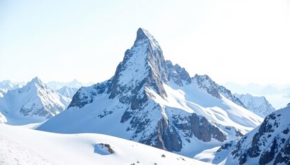 Fototapeta premium Snow-covered mountain peak against bright white sky, panorama, winter