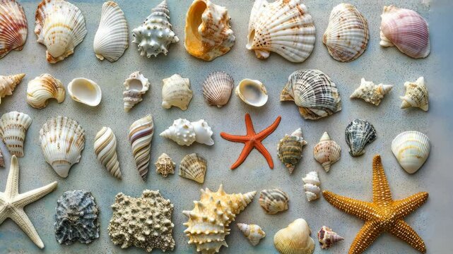 A flat lay of seashells and starfish arranged neatly on a pastel-colored surface. background