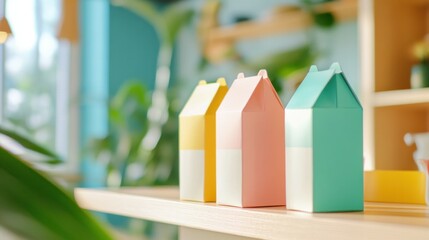 Colorful carton boxes on wooden shelf in bright interior with plants.