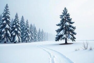 Obraz premium Snowy forest landscape with a single tree isolated on white background, calm, natural