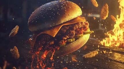 Sizzling burger creation gourmet kitchen food photography fiery grill close-up culinary delight