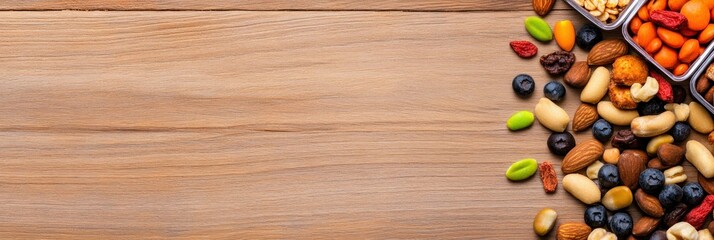 Naklejka premium Variety of mixed nuts and berries on wooden background.