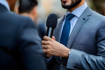 Naklejka premium Journalist holding a microphone during an interview at a business event.