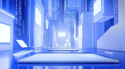 Futuristic Digital Cityscape Corridor