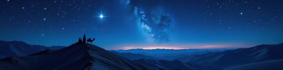 Starry night sky over desert hills with shining Bethlehem star symbolizing birth of Jesus,  landscape,  night scene