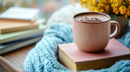 Cozy cup of hot chocolate on pink book surrounded by flowers and knitted blanket in a warm setting