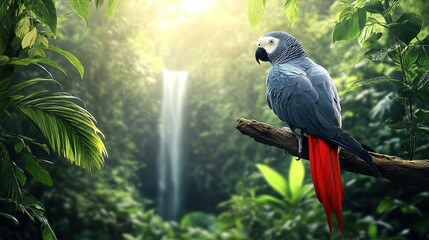 Obraz premium An African grey parrot perched on a branch in a tropical rainforest, its red tail feathers bright against the green canopy and distant waterfalls.