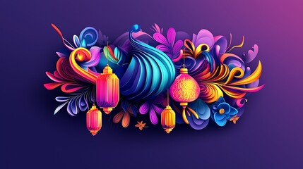 Obraz premium Colorful abstract composition of lanterns and floral decorative elements