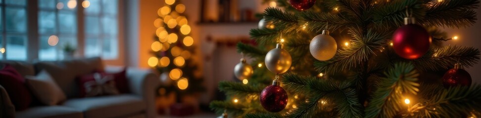 Christmas tree with festive lights and ornaments in a cozy room, Warm, Christmas decor