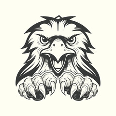 Angry eagle head with paw vintage black and white design.