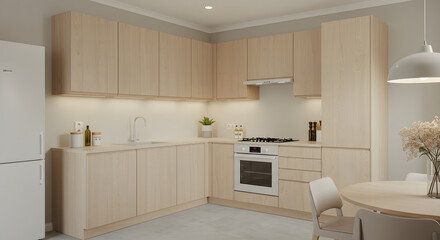 A bright, airy kitchen bathed in soft natural light, featuring sleek light wood cabinets and modern appliances, creating a peaceful and inviting space for everyday living.