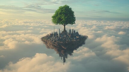 Floating city skyline with tree above the clouds fantasy art concept