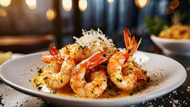 Succulent shrimps sauteed with garlic and oil, presenting a flavorful and mouthwatering dish.
