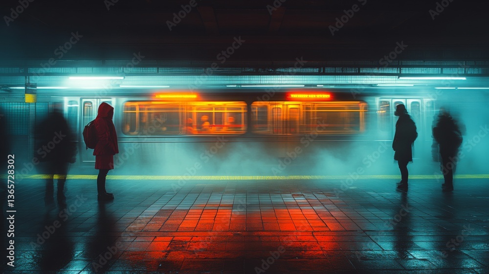 Poster people stand on the platform in a subway station, waiting for the train to arrive. the atmosphere is