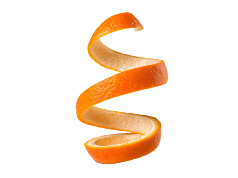 Spiral twist of orange peel isolated on white, transparent PNG cutout for fresh citrus zest design, detailed and vibrant