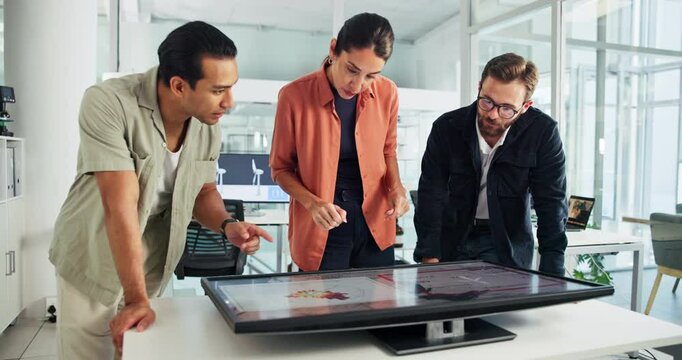 Business, people and meeting with interactive display in office for global ideas, location and wind turbine. Staff, explain project and sustainable planning, windmill production and worldwide change - Powered by Adobe