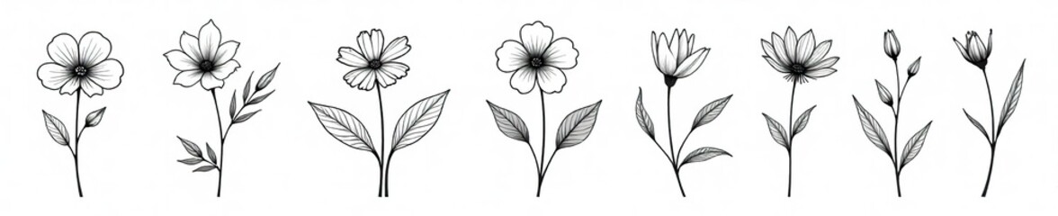 Obraz premium Collection of elegant single line art vector flowers in a continuous line style, perfect for various design projects, collection, flower