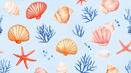 Sea Shells Coral Starfish Watercolor Seamless Pattern