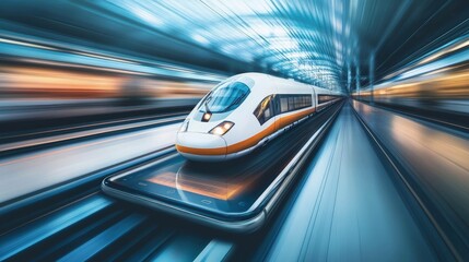 Fototapeta premium High speed train technology on mobile phone for transportation concept