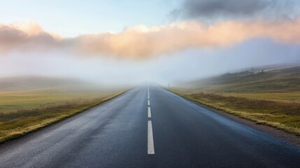 Foggy road trip scenic route travel landscape journey morning drive