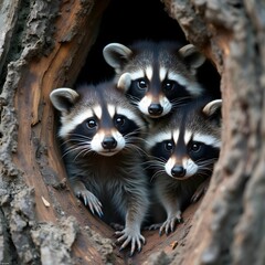 Obraz premium Trio of Raccoon Kits in a Tree Hole