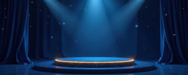 Dark blue stage with golden spotlight lines and glitter texture for award ceremony design, elegant glamour background template, anniversary, winner rewarding,  ceremony,  realistic