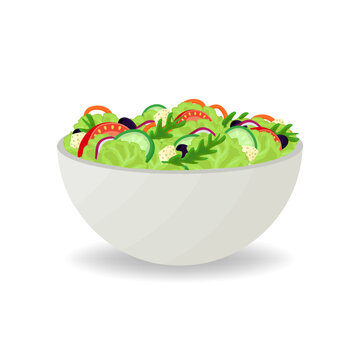 Fresh salad concept. Isolated vegetable meal, vitamin diet nutrition with tomatoes, onion, cucumbers. Render realistic food elements, pithi vector design