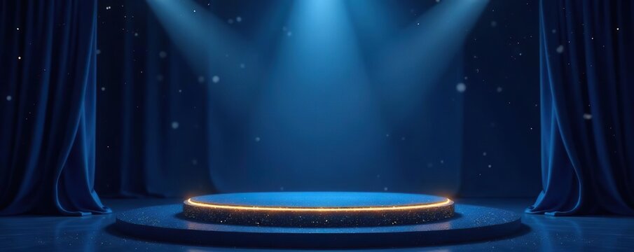 Dark blue stage with golden spotlight lines and glitter texture for award ceremony design, elegant glamour background template, anniversary, winner rewarding,  ceremony,  realistic