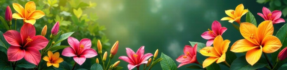 Fototapeta premium Colorful tropical flowers blooming in a summer garden, outdoor music, summer music, colorful blooms