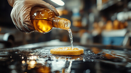 Pouring cooking oil onto a sponge in a busy kitchen setting while preparing for cooking tasks